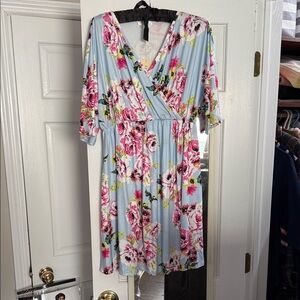 Chic Floral Midi Dress in Light Blue and Pink